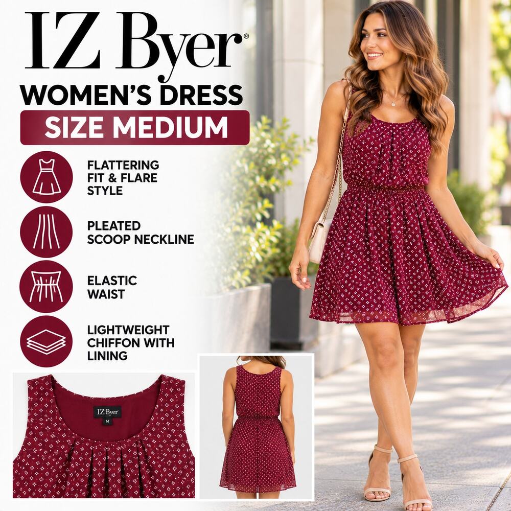 IZ Byer Women's Sleeveless Fit And Flare Dress Medium Burgundy Geo Print